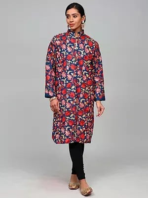 Moroccan-Blue Aari Embroidered Long Jacket From Kashmir with Floral Vine Patterns