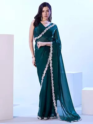 Sherpa-Blue Lace Work Border Solid Designer Satin Jimmy Choo Party Wear Saree With Blouse