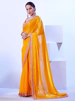 Yellow-Orange Satin Jimmy Choo Lace Work Border Solid Designer Saree With Matching Blouse