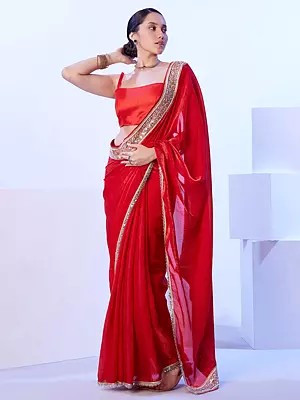 Venetian-Red Solid Lace Work Satin Jimmy Choo Party Wear Saree With Designer Matching Blouse