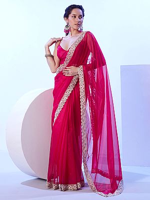 Rose-Red Embellished Beads And Stone Work Net Party Wear Saree With Matching Blouse