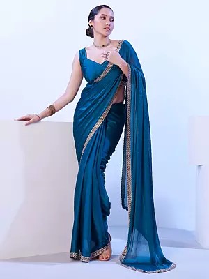 Deep-Sea-Blue Sequins And Lace Work Border Attractive Satin Chiffon Party Wear Saree With Blouse