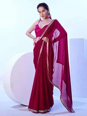 Purple-Red Sequins Work Border Satin Designer Party Wear Satin Saree With Attractive Blouse