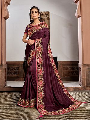 Old-Mauve Silk Georgette Thread And Cord Embroidery Designer Party Wear Saree With Tassels Pallu