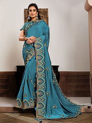 Hippie-Blue Gota Cord And Resham Embroidery Work Designer Silk Georgette Saree With Tassels Pallu