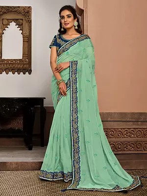 Zari Embroidery And Floral Border Party Wear Designer Tissue Saree With Blouse