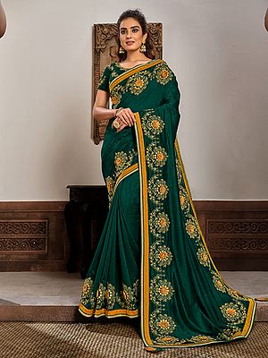 Sherwood-Green Silk Georgette Resham Zari And Cord Embroidery Applique Work Attractive Saree