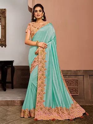 Resham And Zari Embroidery Attractive Border Festive Wear Silk Saree With Blouse