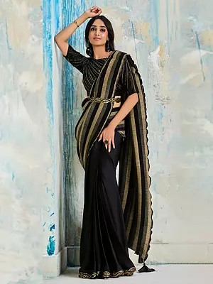 Smoky-Black Foiled Stripes And Sequins Work Satin Silk Party Wear Saree With Tassels Pallu