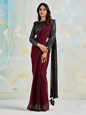 Dark-Scarlet Sequins Work And Solid Party Wear Satin Silk Crepe Saree With Tassels Pallu