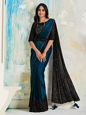 Mirror And Sequins Work Satin Silk Crepe Party Wear Saree With Designer Tassels Pallu