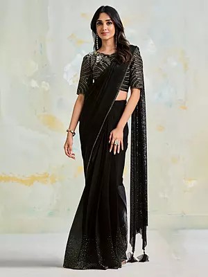 Smoky-Black Sequins And Stone Work Satin Silk Crepe Party Wear Saree With Designer Tassels Pallu