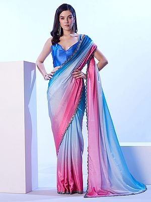 Solid Design Sequins Work Border Party Wear Attractive Chinon Multicolor Saree