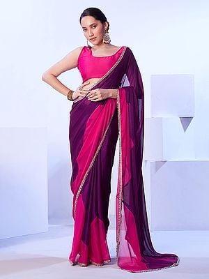 Mulberry-Wood Solid Design Lace Work Party Wear Chinon Saree For Casual Occasion