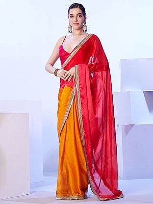 Red-Pink Attractive Solid Design Lace Work Border Chinon Saree For Casual Occasion