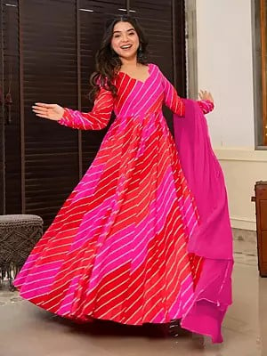 Dee-Carmine-Pink Heavy Rayon Digital Printed Fully Flared Anarkali Style Festival Wear Gown With Dupatta