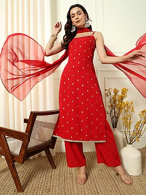 Lava-Red Sleeveless Lace Work Crepe Designer Party Wear Kurta Set With Matching Dupatta