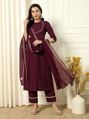 Wine-Berry Designer Flared Sequins Work Crepe Kurta And Bottom With Zig-Zag Pattern Matching Dupatta