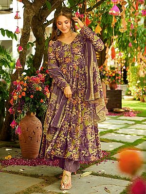 Digital Print Maslin Anarkali Ensemble for Festive & Party Wear