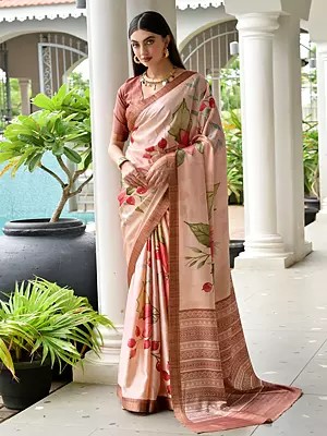 Designer Women Soft Satin Silk Flower Printed Saree Floral Zari Woven Border with Blouse Piece