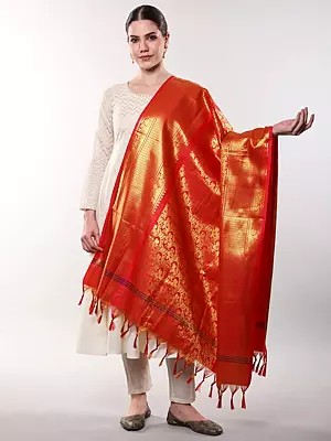 Red Zari Woven Dupatta with Lotus Border