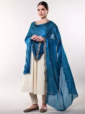 Floral Zari Embroidered Dupatta with Beads work and Scalloped Border