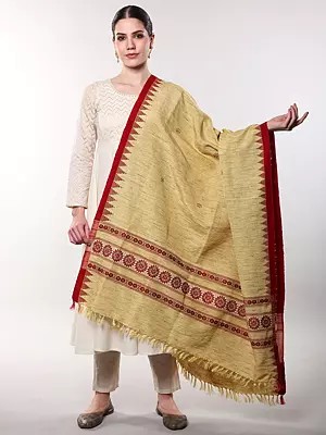 Textured Jute Shawl with Crimson Temple Border and Floral Mandala Design