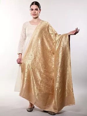 Frosted-Almond Reversible Shawl with Zari Woven Flamingo and Tropical Palm