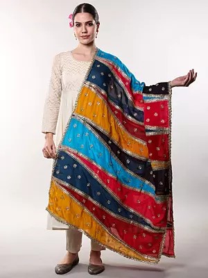 Multicolor Patchwork Dupatta from Amritsar with Zari Embroidered Bootis-Sequins and Lace Border