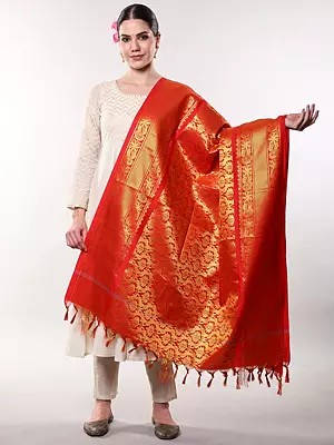 Mars-Red Art Silk Dupatta with Zari Brocade Floral Motifs from Tamil Nadu