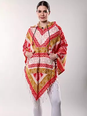 Tri-Color Wool Poncho with Front Pocket and Button Neck