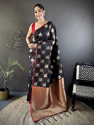 Elegant Banarasi Silk Saree With Intricate Elephant Motif And Traditional Handcrafted Detailing For Festive And Special Occasions