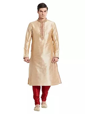 Men's Traditional Kurta Pajama Set in Art Silk with Detailed Embroidery