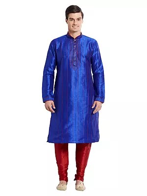 Luxurious Blue Silk Kurta Pajama with Red Striping - Festive Ensemble