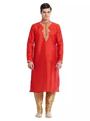 Red Embroidered Art Silk Kurta Set for Festive & Wedding Wear