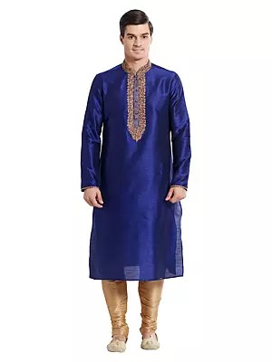 Luxurious Men's Silk Kurta Pajama with Detailed Neckline Embroidery