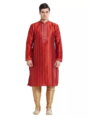 Men's Art Silk Kurta Pajama Set with Elegant Embroidery & Vertical Stripes