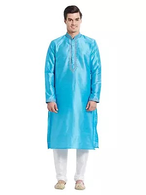 Men's Art Silk Kurta Set with Elegant Embroidery for Festive & Wedding Occasions