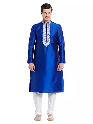 Men's Royal Blue Art Silk Kurta Set with Detailed Neckline Embroidery