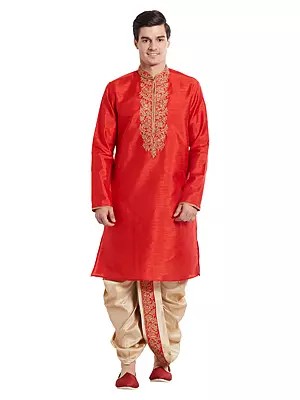 Men's Festive Art Silk Kurta with Dhoti - Gold Embroidery