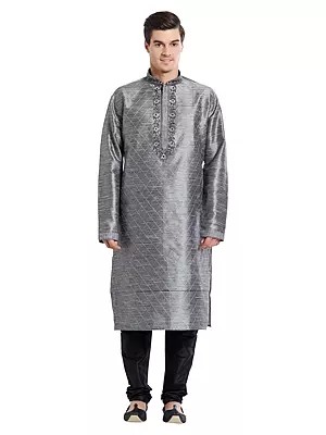 Men's Art Silk Kurta Pajama Set with Diamond Pattern Embroidery