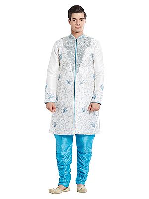 Men's White Silk Sherwani with Blue Embroidery - Tailored for Ceremonies
