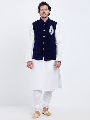 Men's Hand-Worked Velvet Nehru Jacket with Kurta & Churidar Pajama