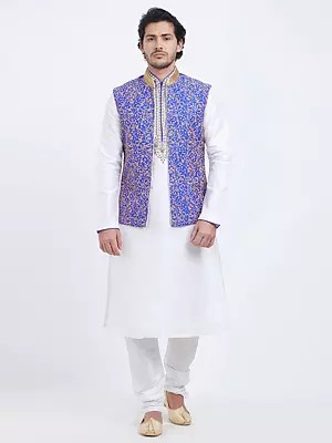 Men's Art Silk Embroidered Nehru Jacket with Kurta and Churidar Set