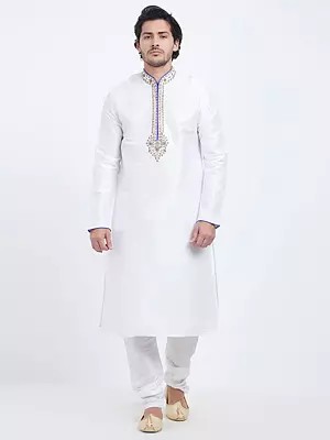 Men's White Art Silk Kurta with Churidar and Embroidery