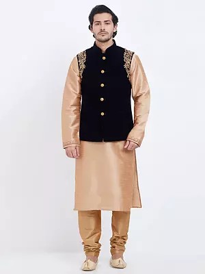 Velvet Nehru Jacket with Kurta and Churidar Pajama for Men | Hand-Embroidered Ethnic Ensemble
