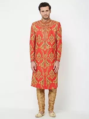 Men's Red Art Silk Sherwani with Heavy Gold Embroidery & Churidar Pajama