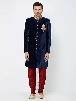 Men's Navy Velvet Sherwani Set with Gold Handwork Embroidery