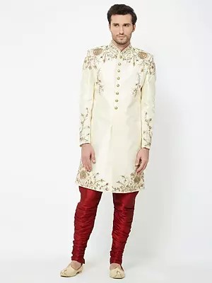 Men's Cream Art Silk Wedding Sherwani with Intricate Floral Embroidery