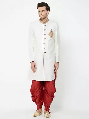 Traditional Art Silk Sherwani Ensemble with Hand-Embroidered Collar and Patiala Pants